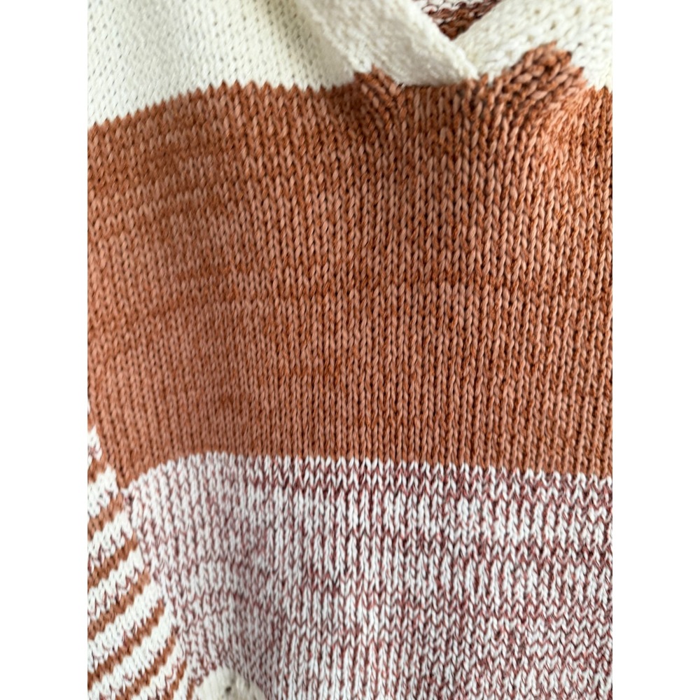 BKE Striped Hooded Knit Sweater Large Cream Rust Boho Coastal Crochet Detail - Picture 6 of 6